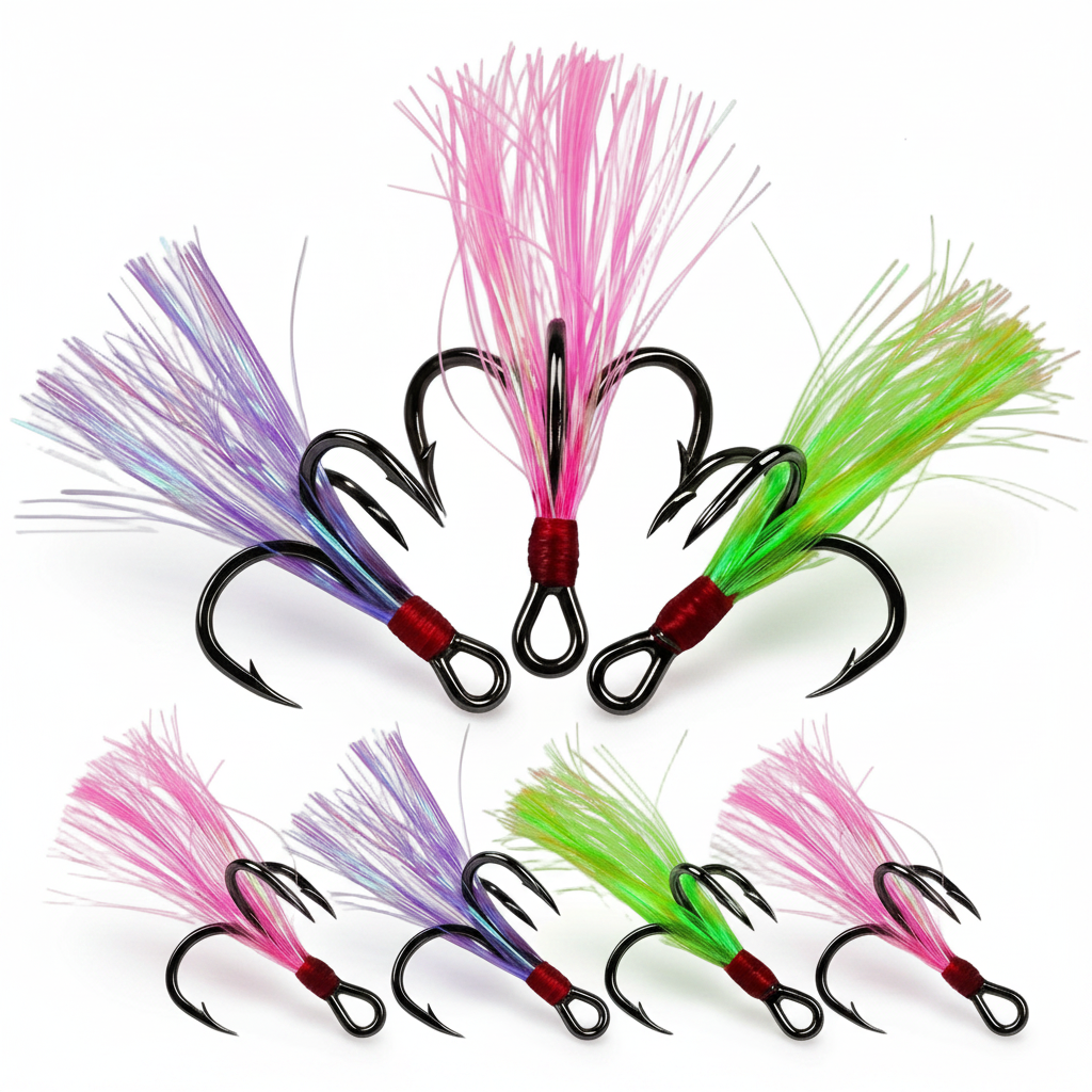 PROBEROS Flash Feather Treble Hooks 10PCS Pack White Green Pink Colors