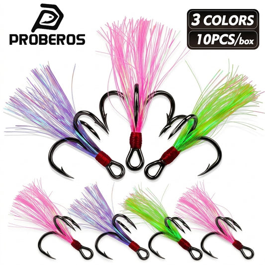PROBEROS Flash Feather Treble Hooks 10PCS Pack White Green Pink Colors