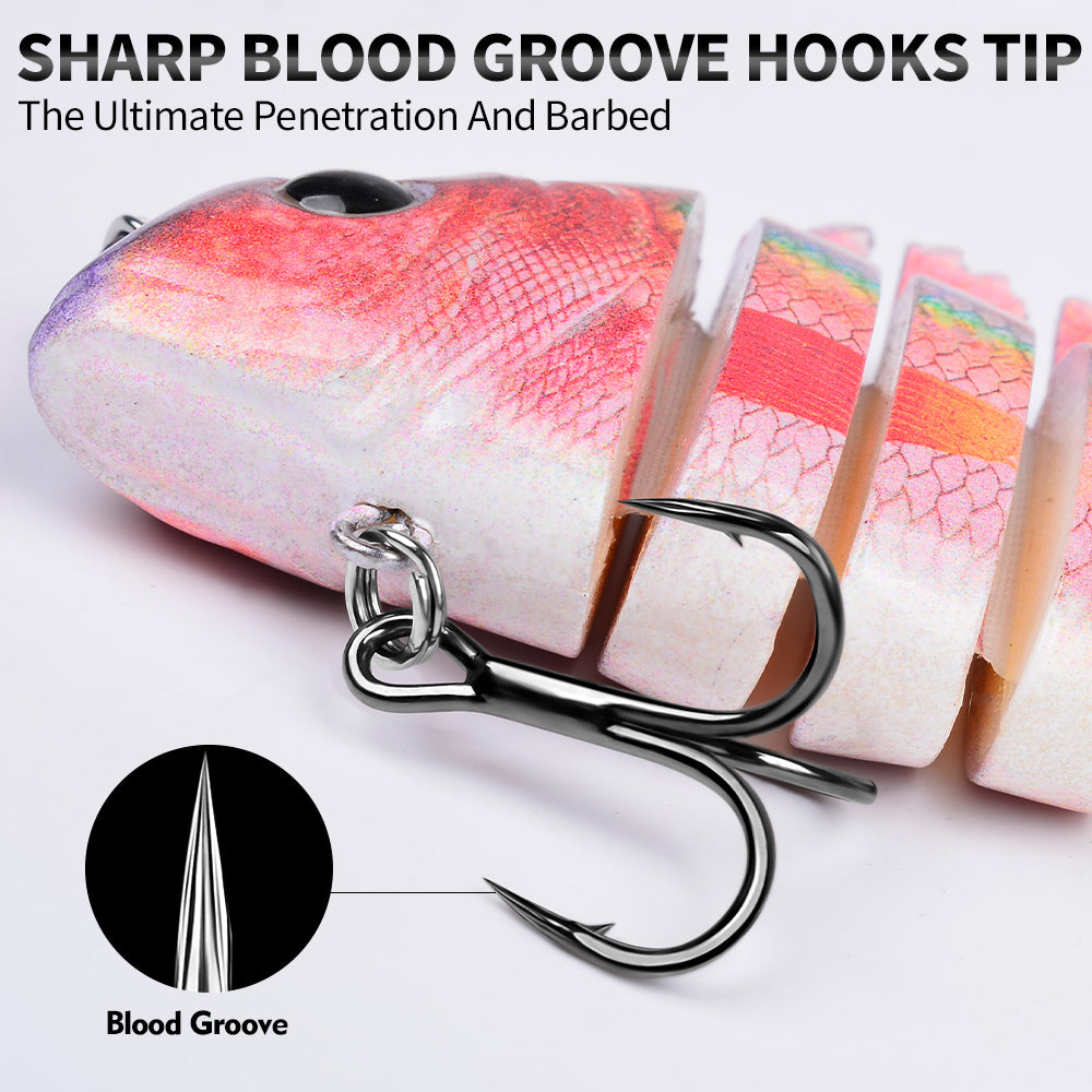 Sharp blood groove treble hooks and 3D realistic eyes detail on Proberos swimbait