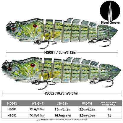 Specifications chart for PROBEROS jointed swimbait showing 29.4g 13cm and 56.7g 16.7cm options
