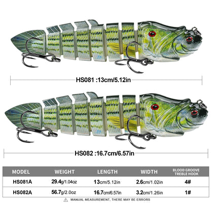 PROBEROS 8-segment multi-jointed swimbait fishing lure with blood groove treble hooks and 3D eyes