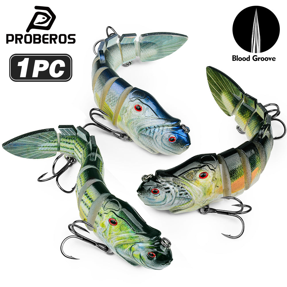 PROBEROS 8-segment multi-jointed swimbait fishing lure with blood groove treble hooks and 3D eyes