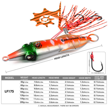 Size and Weight Specification Chart for Proberos Inchiku Squid Jig 40g to 200g