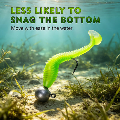 Freshwater bass approaching soft plastic lure rigged on PROBEROS ball lead jig head hook