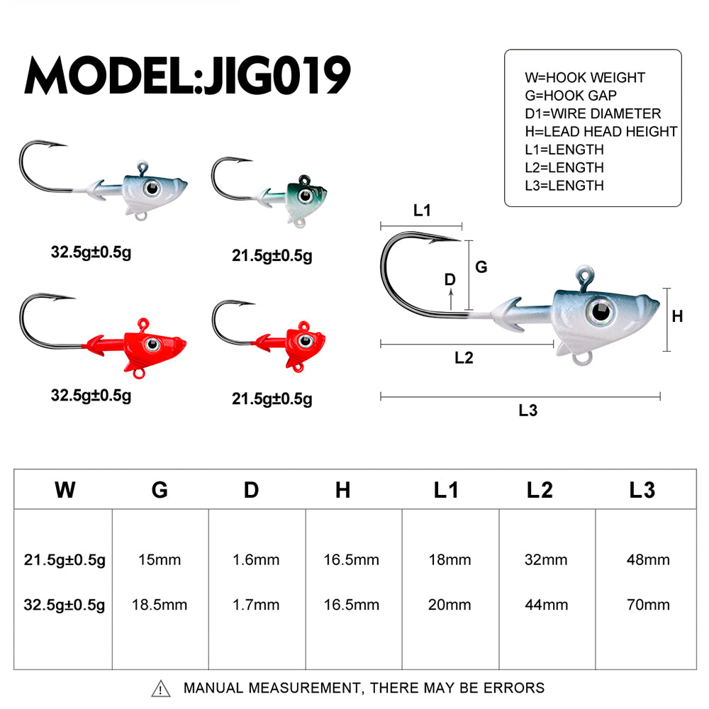 PROBEROS JIG019 lead jig hooks dimension and weight specification chart 22g 33g