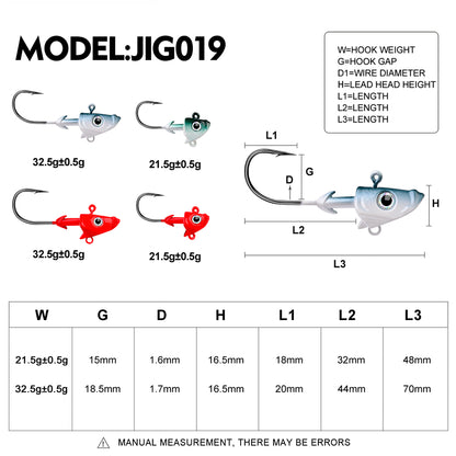 PROBEROS JIG019 lead jig hooks dimension and weight specification chart 22g 33g