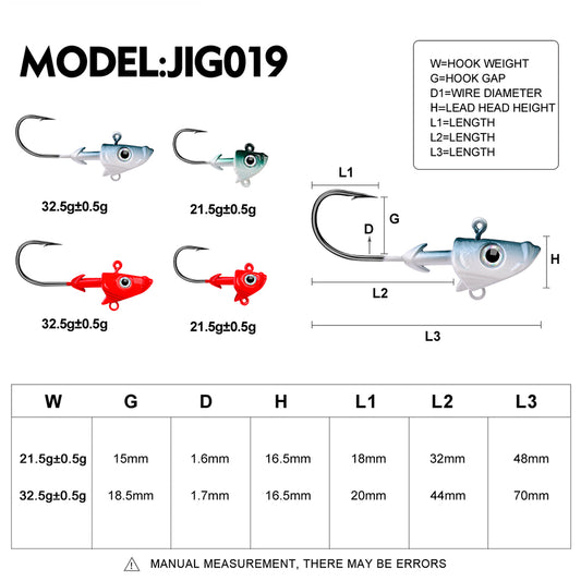 PROBEROS JIG019 lead jig hooks dimension and weight specification chart 22g 33g