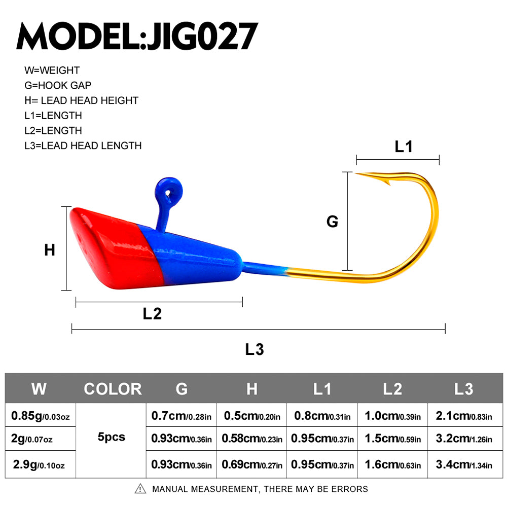 PROBEROS JIG027 lead jig head fishing hooks dimension and weight chart 1g 2g 3g