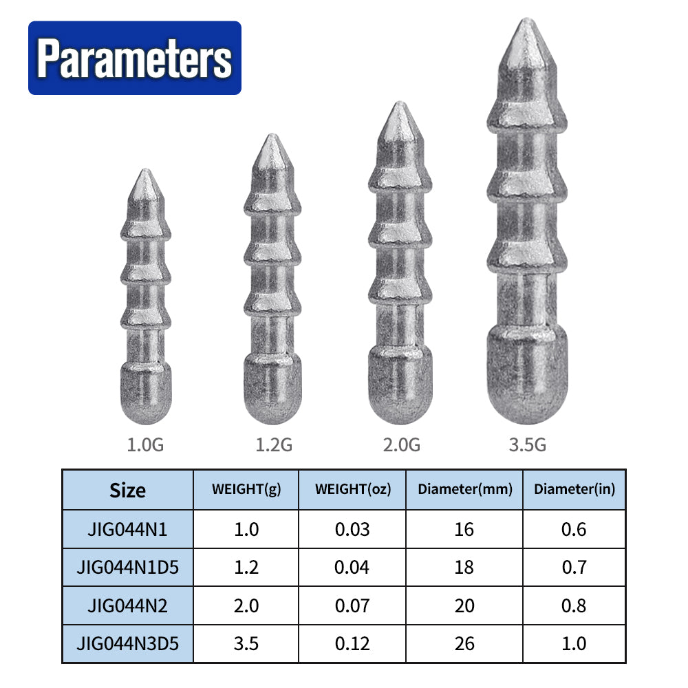 Size and weight comparison chart for PROBEROS JIG044 insert lead sinkers 1g 1.5g 2g 3.5g
