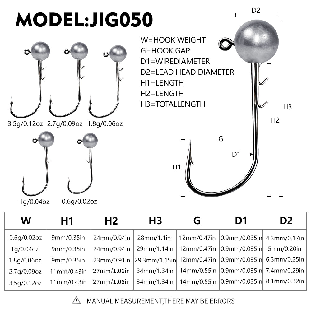 Size chart for PROBEROS JIG050 lead jig head hooks ranging from 0.6g to 3.5g