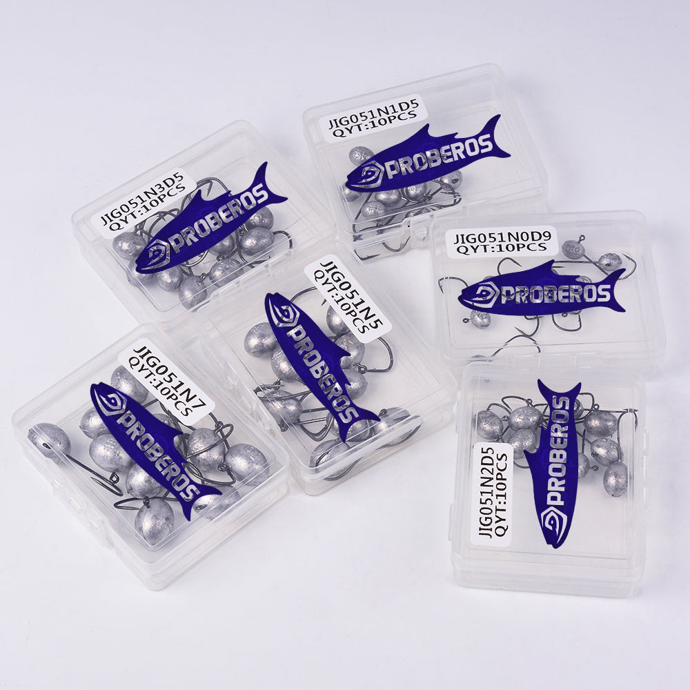 PROBEROS JIG051 10pcs micro lead jig head hooks stored in clear PP tackle box