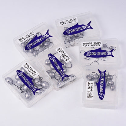 PROBEROS JIG051 10pcs micro lead jig head hooks stored in clear PP tackle box