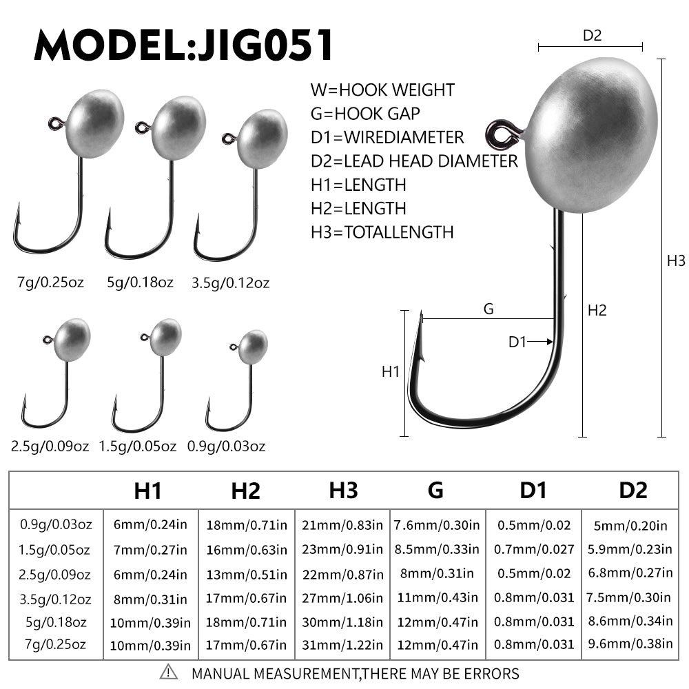 Size and weight specification chart for PROBEROS JIG051 oval lead jig head hooks 0.9g to 7g