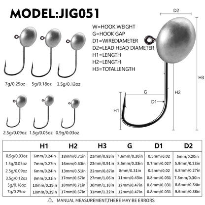 Size and weight specification chart for PROBEROS JIG051 oval lead jig head hooks 0.9g to 7g