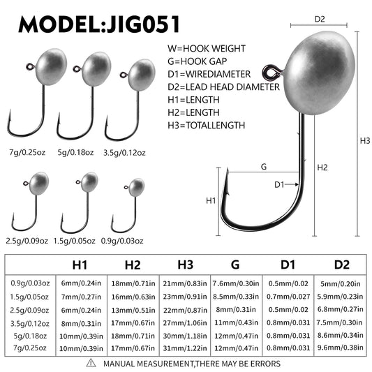 Size and weight specification chart for PROBEROS JIG051 oval lead jig head hooks 0.9g to 7g