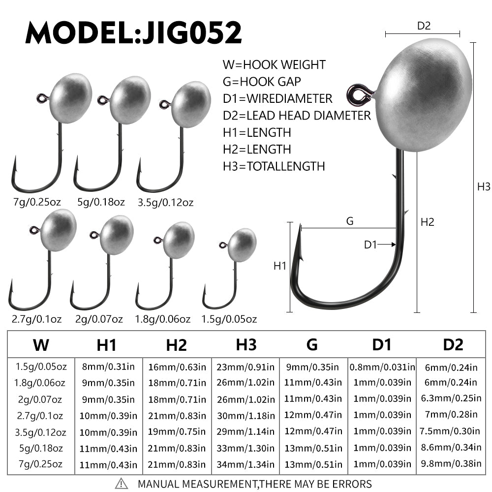 Size chart and specifications for PROBEROS JIG052 oval lead jig head hooks 1.5g to 7g