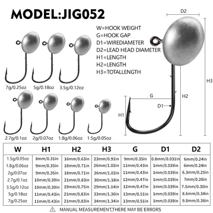 Size chart and specifications for PROBEROS JIG052 oval lead jig head hooks 1.5g to 7g