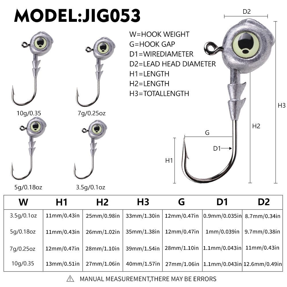 Size and weight specification chart for PROBEROS JIG053 fish head jig hooks 3.5g to 10g