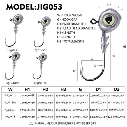 Size and weight specification chart for PROBEROS JIG053 fish head jig hooks 3.5g to 10g
