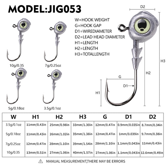Size and weight specification chart for PROBEROS JIG053 fish head jig hooks 3.5g to 10g