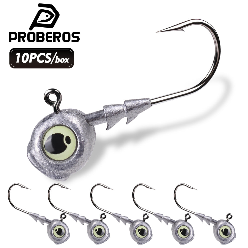 PROBEROS JIG053 luminous 3D eye fish head jig hooks 10pcs pack for bass fishing
