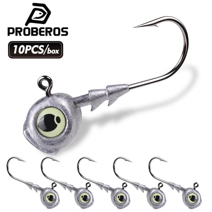 PROBEROS JIG053 luminous 3D eye fish head jig hooks 10pcs pack for bass fishing