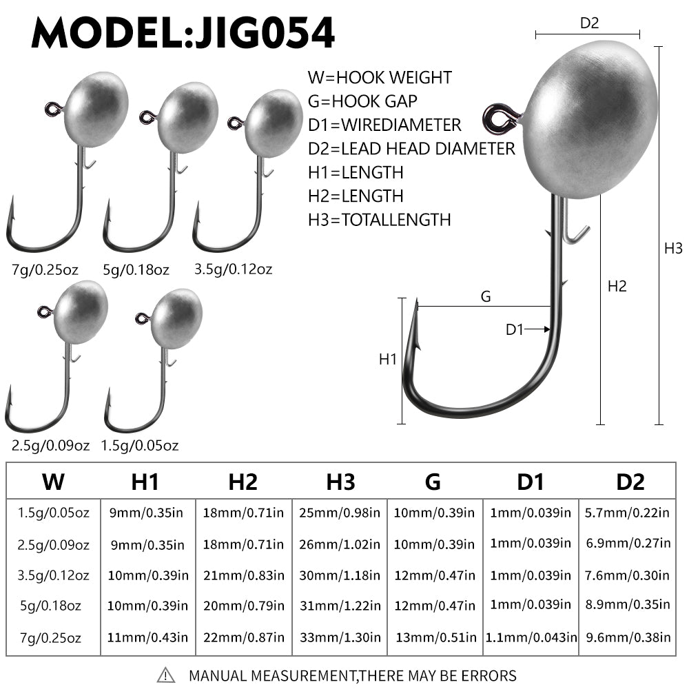 Size and weight specification chart for PROBEROS JIG054 oval jig head hooks 1.5g to 7g