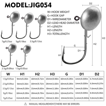 Size and weight specification chart for PROBEROS JIG054 oval jig head hooks 1.5g to 7g