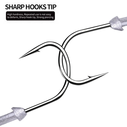 Close up of sharp high carbon steel hook and oval ball lead head JIG055