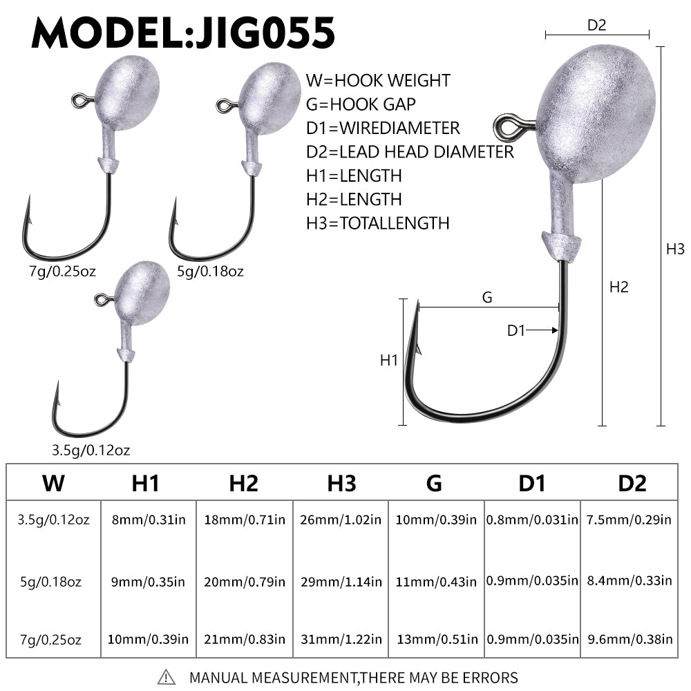 Proberos JIG055 lead jig head hooks size and weight chart (1.5g to 7g)