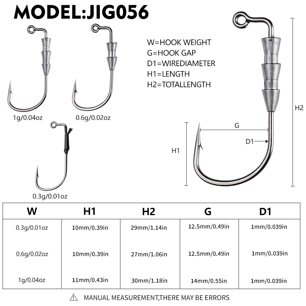 PROBEROS JIG056 ultralight jig head hooks size chart from 0.3g to 1g