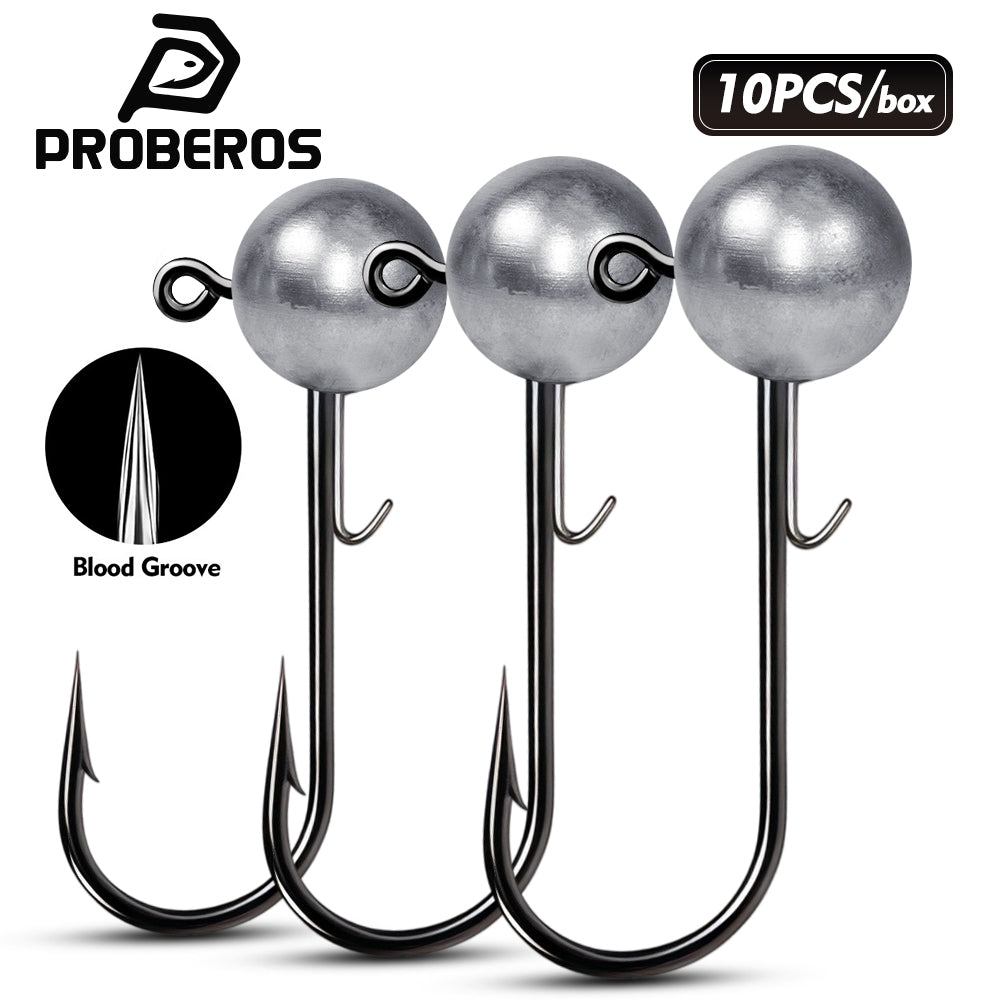 PROBEROS 10pcs round ball lead jig head hooks with storage box for bass fishing