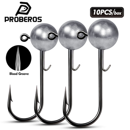 PROBEROS 10pcs round ball lead jig head hooks with storage box for bass fishing