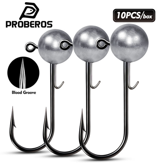 PROBEROS 10pcs round ball lead jig head hooks with storage box for bass fishing