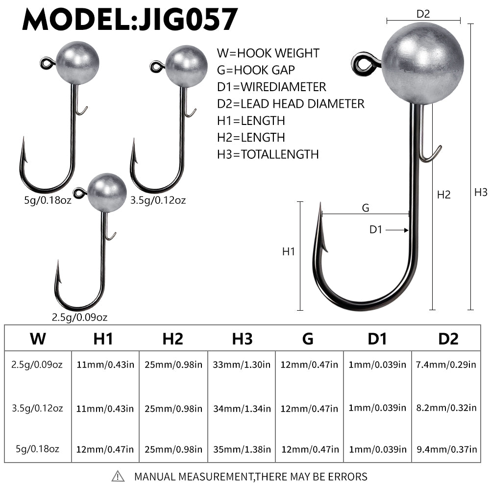 PROBEROS ball jig head hook dimensions and weight comparison chart in grams and ounces