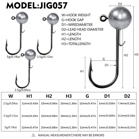 PROBEROS ball jig head hook dimensions and weight comparison chart in grams and ounces