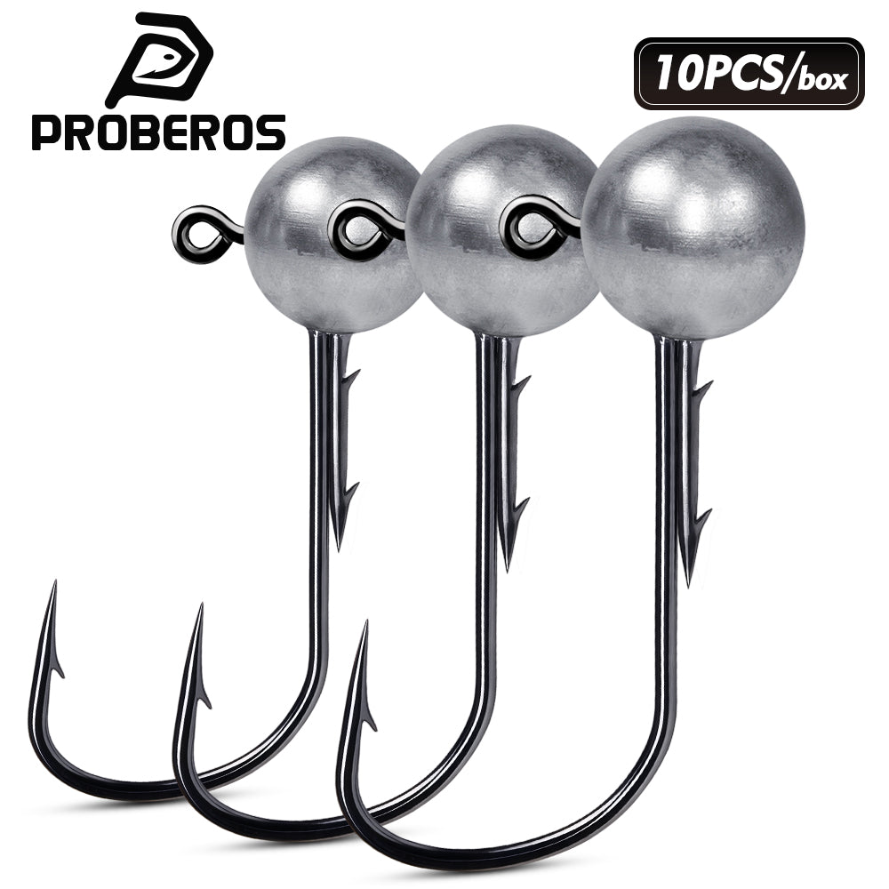 PROBEROS JIG058 10pcs round ball lead jig head hooks set with dual bait keepers