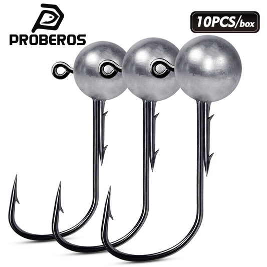 PROBEROS JIG058 10pcs round ball lead jig head hooks set with dual bait keepers