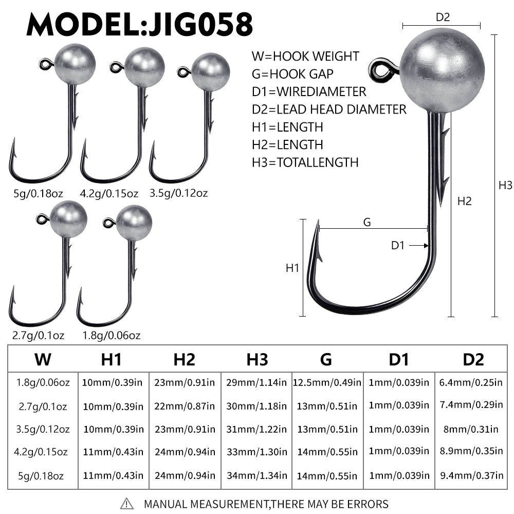 PROBEROS JIG058 ball lead jig head hooks size chart showing 1.8g to 5g hook dimensions