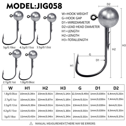 PROBEROS JIG058 ball lead jig head hooks size chart showing 1.8g to 5g hook dimensions