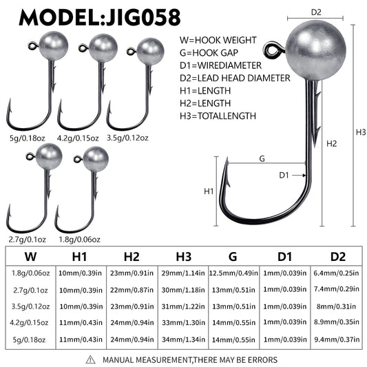 PROBEROS JIG058 ball lead jig head hooks size chart showing 1.8g to 5g hook dimensions