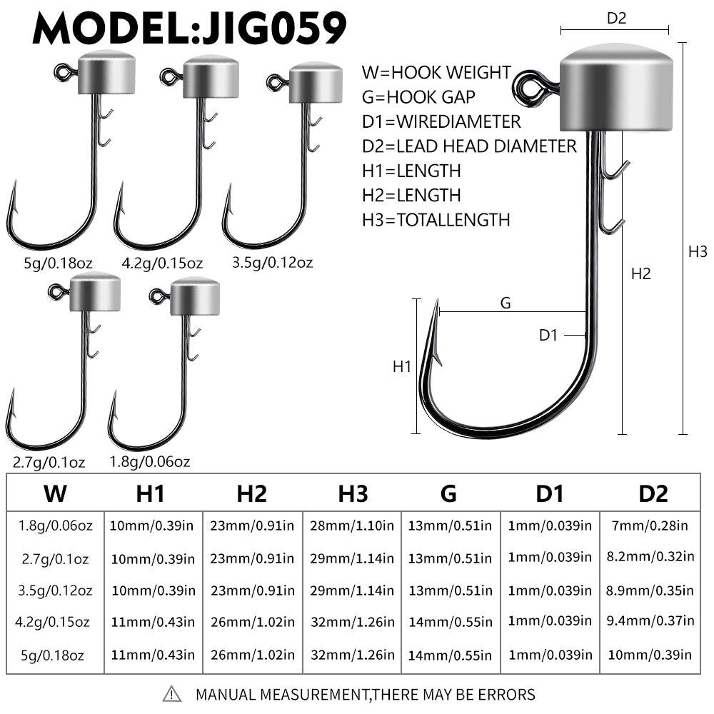 PROBEROS JIG059 cylinder jig head hook size chart showing 1.8g to 5g dimensions
