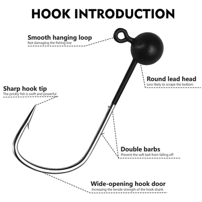 Close-up of Proberos JIG060 round lead head structure and barbed hook setup