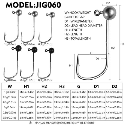 Proberos JIG060 round jig head dimensions size chart 0.3g to 1g