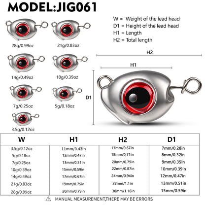 PROBEROS JIG061 3D eye lead jig head weight dimensions chart 3.5g to 28g