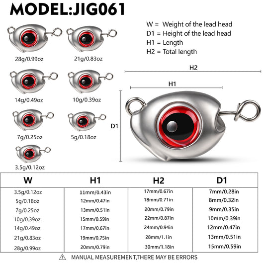PROBEROS JIG061 3D eye lead jig head weight dimensions chart 3.5g to 28g