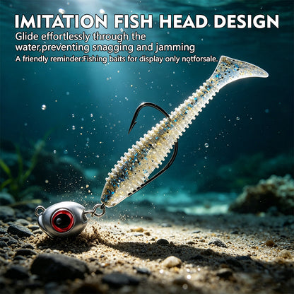 PROBEROS JIG061 imitation fish head lead sinker rigged with soft plastic swimbait gliding smoothly underwater without snagging