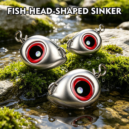 Close-up of PROBEROS JIG061 fish-head-shaped lead sinker with vivid red 3D holographic eyes and dual swivels