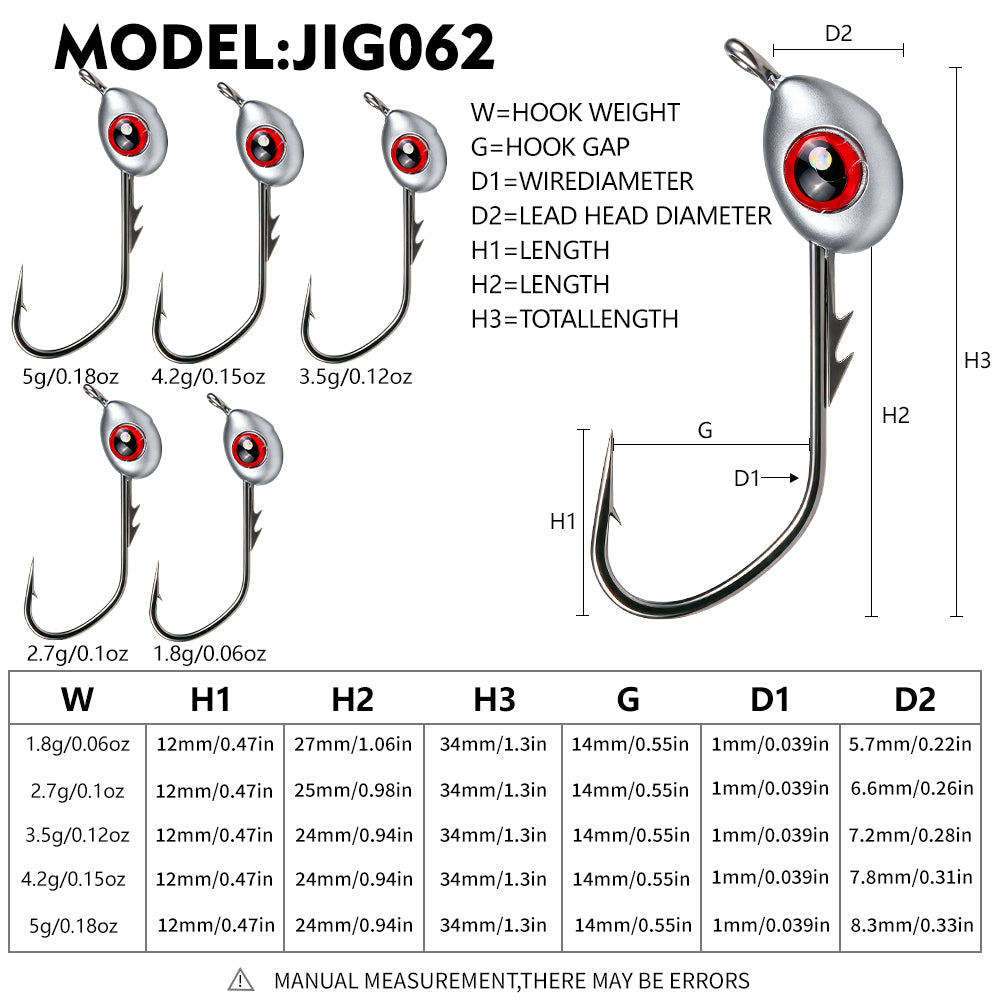 PROBEROS JIG062 3D Fish Eye Jig Head Size Chart 1.8g 2.7g 3.5g 4.2g 5g Dimensions