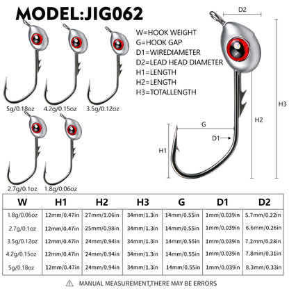 PROBEROS JIG062 3D Fish Eye Jig Head Size Chart 1.8g 2.7g 3.5g 4.2g 5g Dimensions